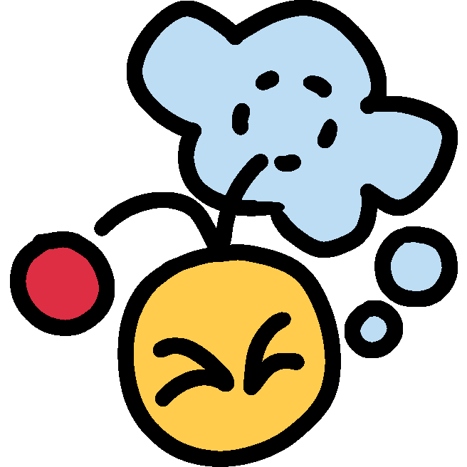 an emoji yellow face with a red ball falling out of their thought bubble and bonking them on the head, leaving a line to show its path. the thought bubble has a dashed lined circle where the ball was